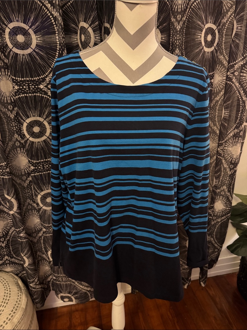 Talbots Women’s Blue and Black Striped Long-Sleeve Top Size XL